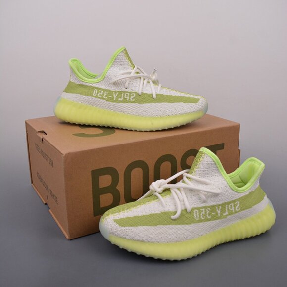 Yeezy 350 V2 White Fluorescent Green Sneakers - Picture 5 of 9